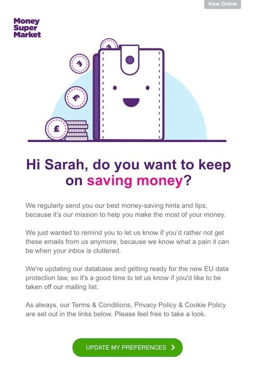 money super mart re-engagement email example